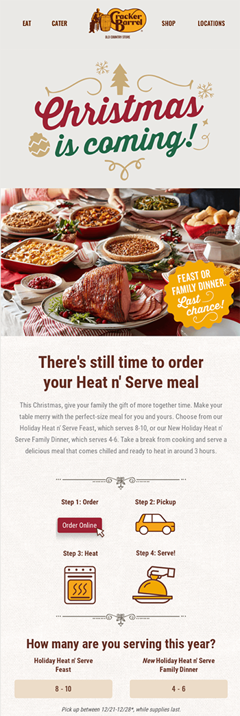 A Christmas promotional flyer for Heat n' Serve meals with step-by-step ordering instructions. Features images of holiday dishes and details on serving sizes for family dinners.