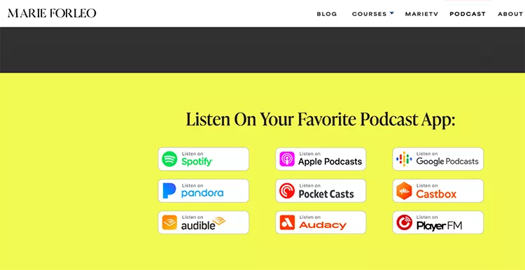 A web page displaying various podcast apps where content can be listened to, including Spotify, Apple Podcasts, Google Podcasts, Pandora, Pocket Casts, Castbox, Audible, Audacy, and Player FM.