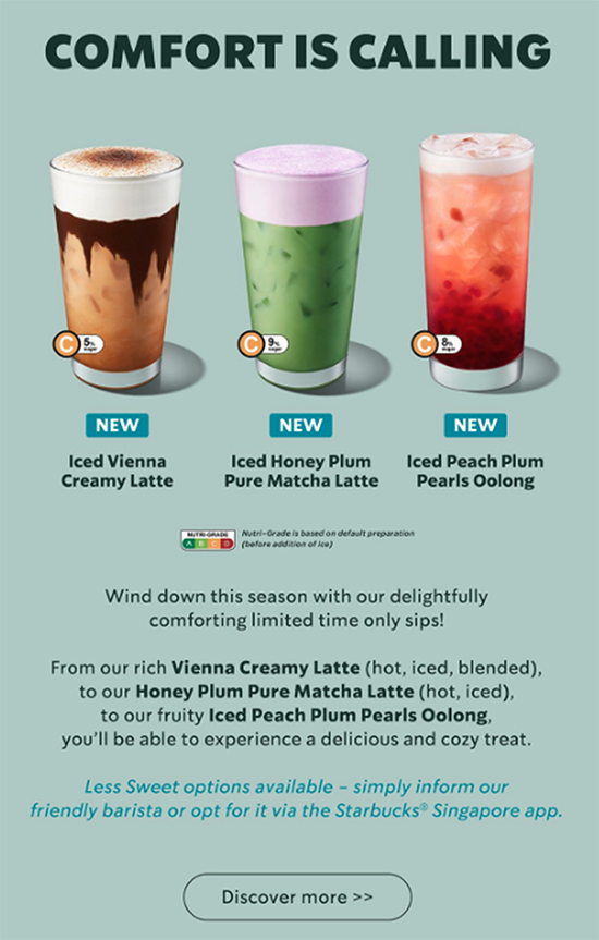 Promotional Starbucks poster featuring three new iced drink offerings: Vienna Creamy Latte, Honey Plum Pure Matcha Latte, and Peach Plum Pearls Oolong, accompanied by text detailing the flavors.