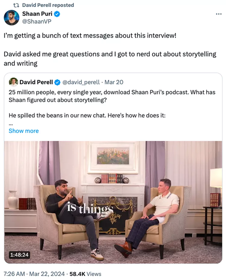 Screenshot of a Twitter post by Shaan Puri sharing his interview with David Perell. They discuss storytelling and writing. The post includes a photo of both men sitting and talking on a podcast set.