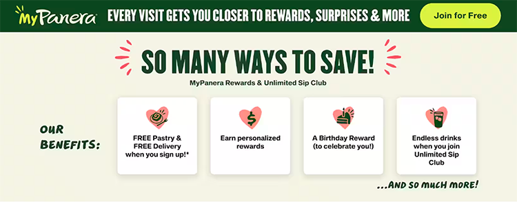 Promotional banner for Panera's MyPanera Rewards & Unlimited Sip Club highlighting benefits: free pastry and delivery, personalized rewards, birthday reward, and endless drinks with Unlimited Sip Club.