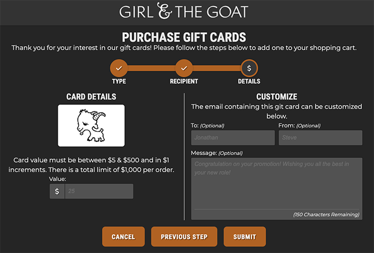 Screenshot of the Girl & The Goat gift card purchase interface. User can select type, recipient, and customize the email. Card values range from $5 to $500 in $1 increments, with a limit of $1,000 per order.