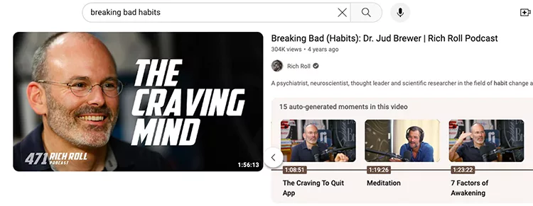 Screenshot of a YouTube search for "breaking bad habits" displaying a podcast episode titled "The Craving Mind" with Dr. Jud Brewer on the Rich Roll Podcast. The video has 304K views and is 1:55:18 long.