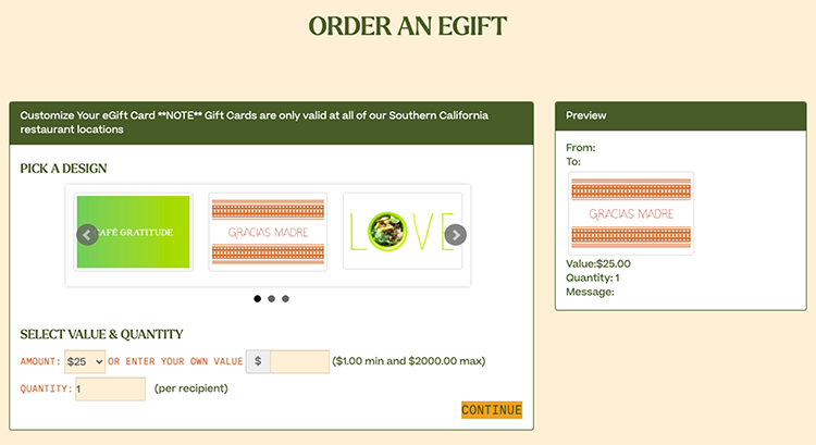 Screenshot of an e-gift card ordering page showing card design options, a selection box for amount and quantity, and a preview section with "From," "To," "Value," "Quantity," and "Message" fields.