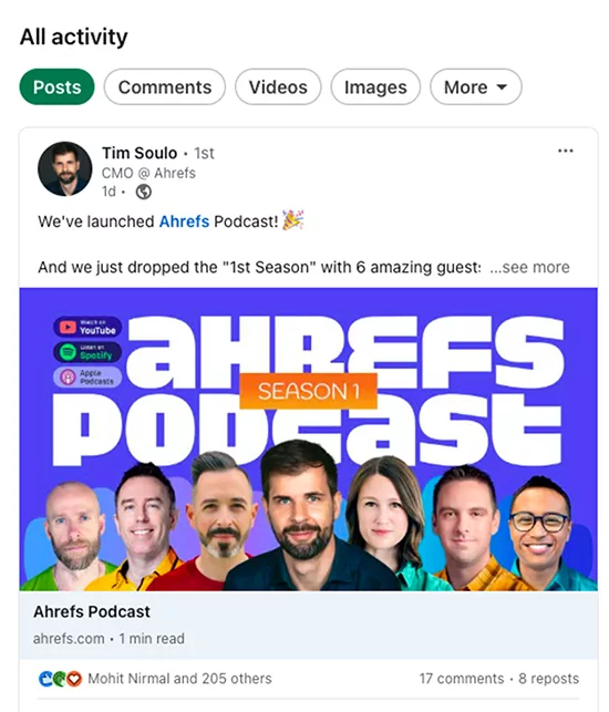 Social media post announcing the launch of Ahrefs Podcast Season 1, featuring a promotional image with headshots of six guests and labeled "Ahrefs Podcast Season 1.