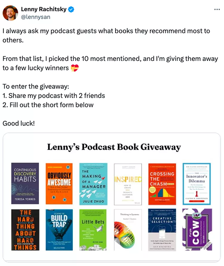 A tweet from Lenny Rachitsky announcing a book giveaway. It features a collage of ten book covers and instructions for entering the giveaway.