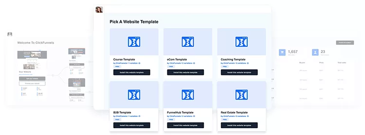 A website interface displaying various website templates to choose from, including Course Template, eCom Template, Coaching Template, B2B Template, Funnels and Real Estate.