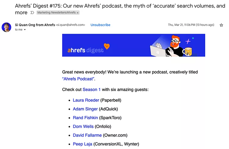 Screenshot of Ahrefs Digest #175 email newsletter announcing a new podcast "Ahrefs Podcast" and introducing six guests for Season 1, alongside a graphic of a person holding a magnifying glass.