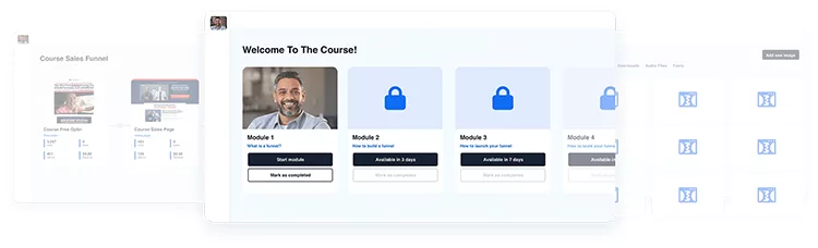 Course page with a welcome message, a profile picture, and three modules. One module is accessible and marked "Start Module," while the other two are locked.