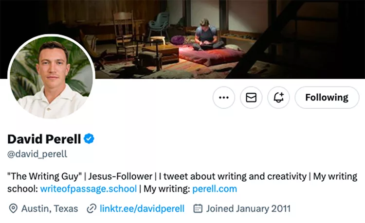 Profile page of David Perell showing his profile picture, a verified checkmark, bio details about writing and his school, location in Austin, Texas, a link to his website, and joined date as January 2011.