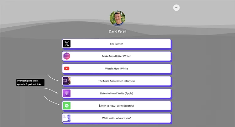 An interface displaying a profile picture and name "David Perell" with several linked content options, including Twitter, interviews, podcasts on writing, and a "who are you?" link.