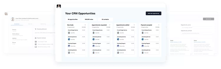 A screenshot of a CRM dashboard displaying various opportunities, including new leads, appointments requested, and payments accepted, along with user information on the left sidebar.