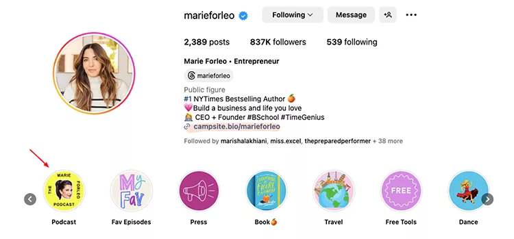 Instagram profile screenshot of a user named marieforleo with 837K followers and 539 following. Profile description mentions her as an entrepreneur and bestselling author. Several story highlights and posts visible.