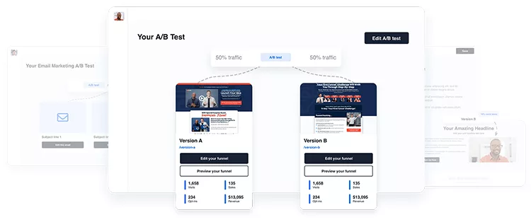 A/B testing interface showing two versions of a webpage (A and B) with metrics such as preview, access, and earnings displayed below each version. Both versions share traffic equally.