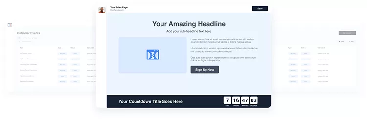 Screenshot of a sample web page layout featuring a headline, sub-headline placeholder, text boxes, a sign-up button, a countdown timer, and navigation links on the left and right sides.