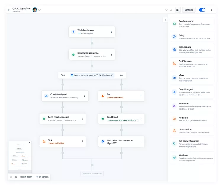 Screenshot of a workflow automation setup in a software application. The workflow includes email sequences, conditional goals, tags, delays, and notifications, displayed in a flowchart format.