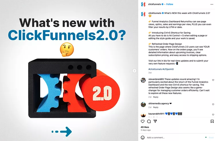 A promotional Instagram post by ClickFunnels featuring a graphic of gears and "2.0" text, describing updates to the ClickFunnels platform including new analytics, order page design, and quiz features.