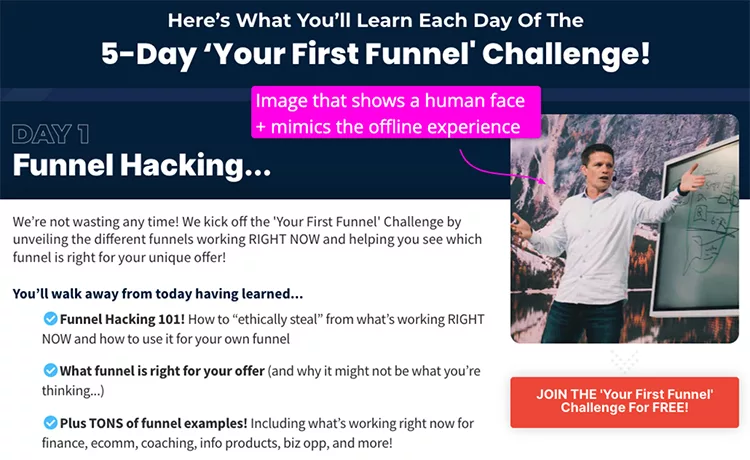 Promotional material for a 5-day funnel challenge. Day 1 details include "funnel hacking," defining a product funnel, and examples. "Join the 'Your First Funnel' Challenge For Free!" button visible.