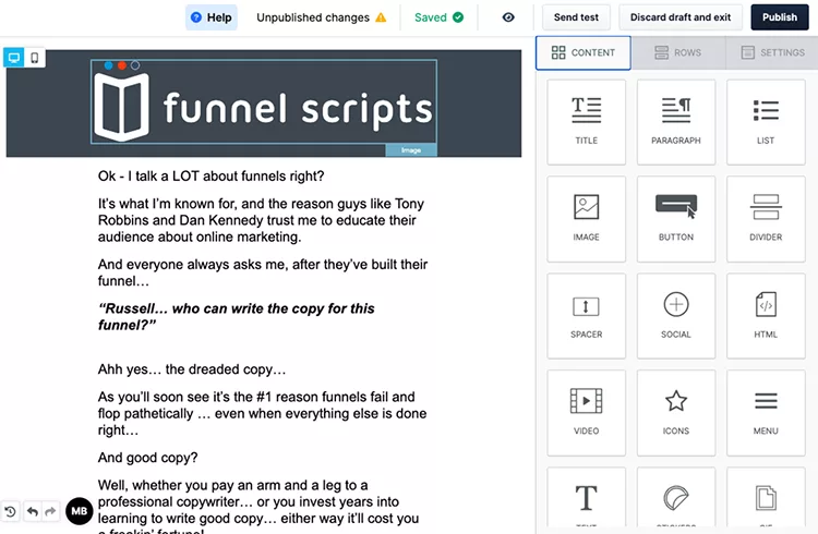 Screenshot of a webpage displaying an article titled "funnel scripts." The screenshot shows the article content and editing tools on the right side, including text options, buttons, and layout elements.