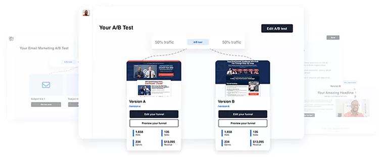 Screenshot of an A/B testing dashboard displaying two web page variations labeled Version A and Version B, each showing different content and traffic distribution options.