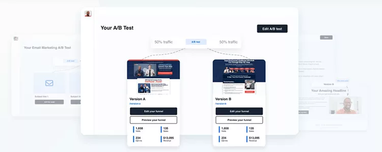 A screenshot of an A/B testing interface showing two versions of a webpage, labeled Version A and Version B, distributing 50% traffic to each. There are metrics displayed under each version.