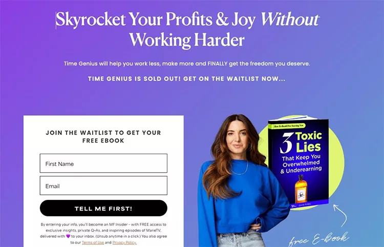 Promotional image featuring a sign-up form for a free ebook titled "3 Toxic Lies That Keep You Overwhelmed & Underearning" and a smiling person in a blue sweater.