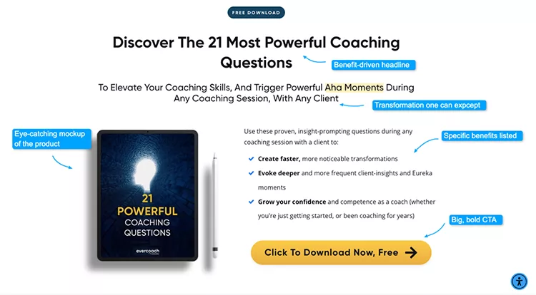 Promotional image offering a free download titled "21 Most Powerful Coaching Questions," highlighting benefits such as deeper insights, faster progress, and increased client confidence. Click to download button included.