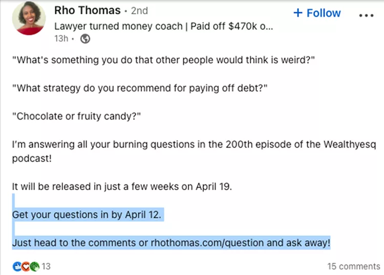 Social media post by Rho Thomas mentioning upcoming podcast episode, seeking questions from followers on various topics, due by April 12, with a link for submitting questions. Episode release date is April 19.