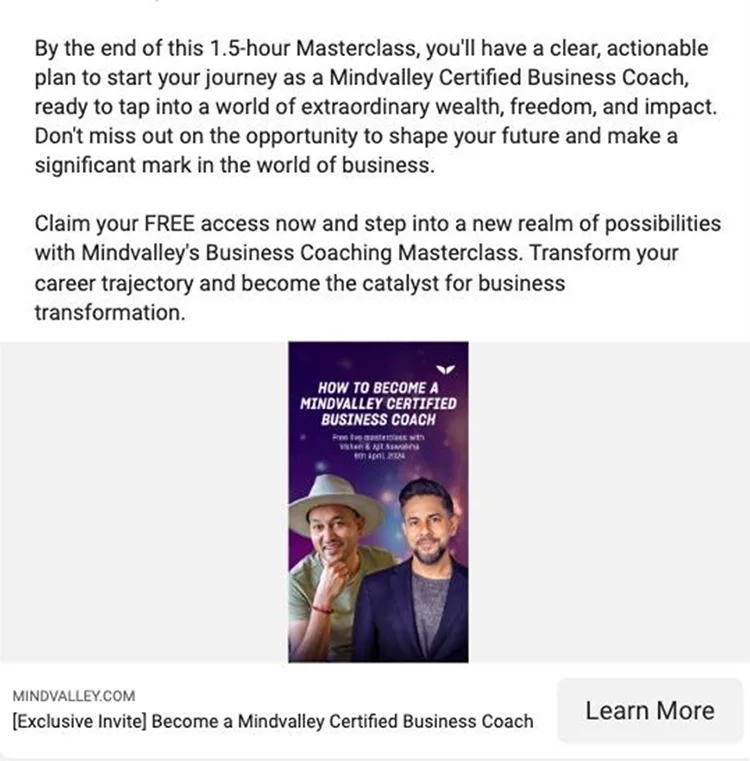 Advertisement for a 1.5-hour Mindvalley Business Coaching Masterclass, offering a free access to become a certified business coach. Includes an image of two individuals and details about the class.