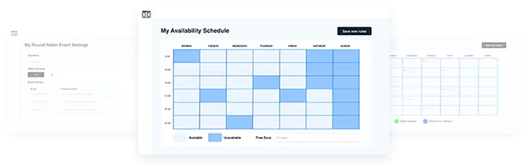 A digital calendar interface showing a weekly availability schedule with various time slots marked as available, unavailable, and free time.