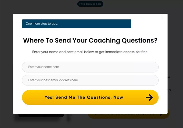 A webpage form asks for a name and email address to send coaching questions. A yellow button at the bottom reads, "Yes! Send Me The Questions, Now.