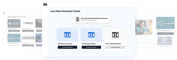 Screenshot of Juan Doe's Customer Center dashboard showing access to eCommerce Training, Advertising Training, and Your Training Bonuses modules. Contact details for Juan Doe are displayed at the top.