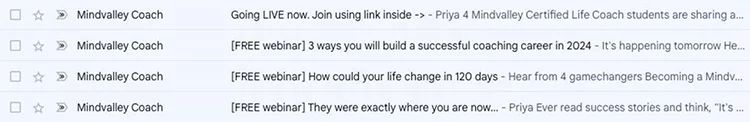 Screenshot of an email inbox showing five unread emails from "Mindvalley Coach," featuring subject lines about live sessions, webinars, and coaching success.