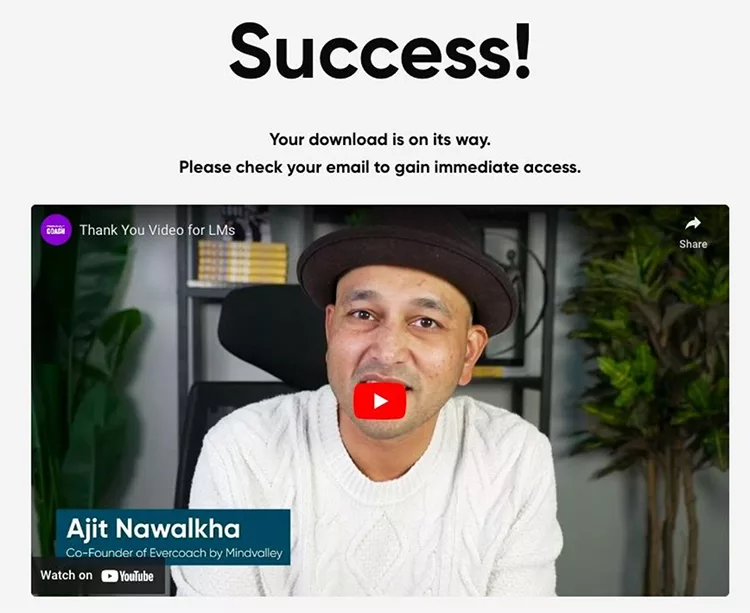 A man in a white sweater and hat speaks in a video titled "Thank You Video for LMS." The screen above reads, "Success! Your download is on its way." Text identifies him as Ajit Nawalkha.