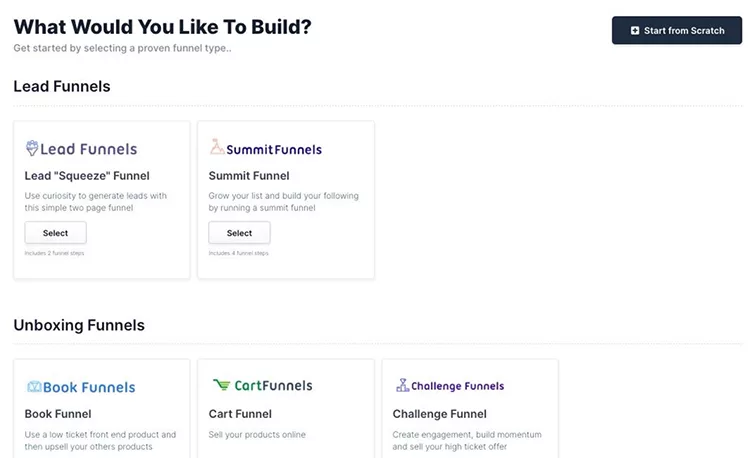 A webpage displaying options for building different types of funnels, including Lead Funnels, Summit Funnels, Book Funnels, Cart Funnels, and Challenge Funnels. Each option has a "Select" button.