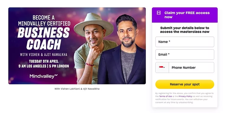 Promotional image for a Mindvalley masterclass with Vishen Lakhiani and Ajit Nawalkha on becoming a certified business coach. Event details: Tuesday, 9th April, 9 AM Los Angeles / 5 PM London. Registration form included.