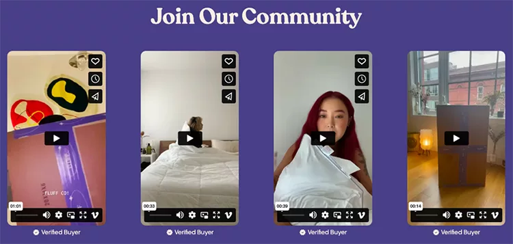 Four video thumbnails showing various people and scenes with a "Join Our Community" header. Each video has a play button, time indicator, and "Verified Buyer" label.