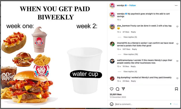 Meme of food items and empty water cup captioned "When you get paid biweekly." Week 1 shows various fast food items. Week 2 shows an empty water cup. Instagram comments are visible alongside.