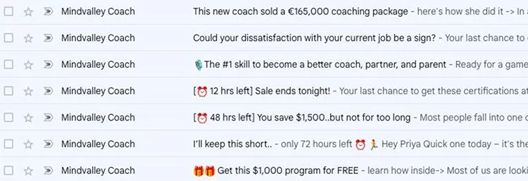 A screenshot of an email inbox with several promotional emails from "Mindvalley Coach" offering coaching packages and special deals, some marked with emojis and urgent tones for sales and discounts.