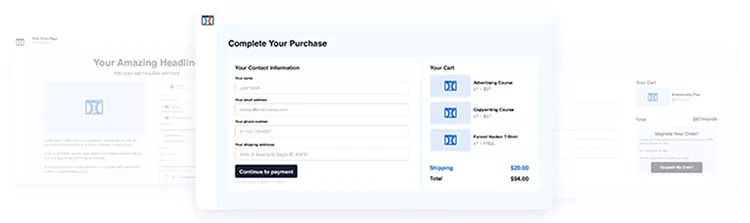 Online checkout page showing fields for contact details and address on the left, and an order summary with costs and shipping details on the right. Button at the bottom reads "Continue to payment.