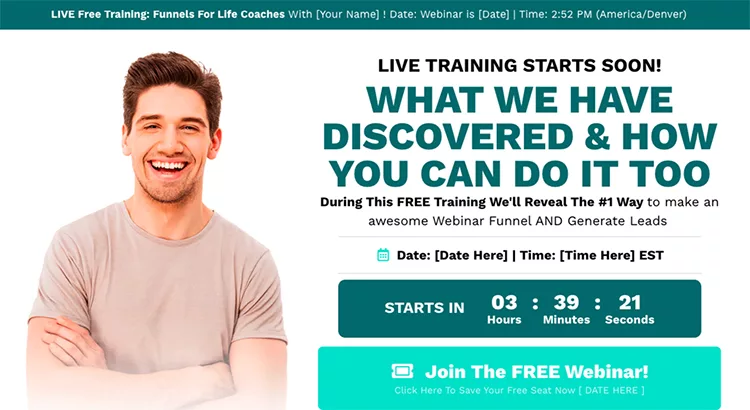 A man stands smiling in front of a text-heavy promotional banner for a webinar about creating webinar funnels and generating leads. The banner provides details about the webinar's time and date.