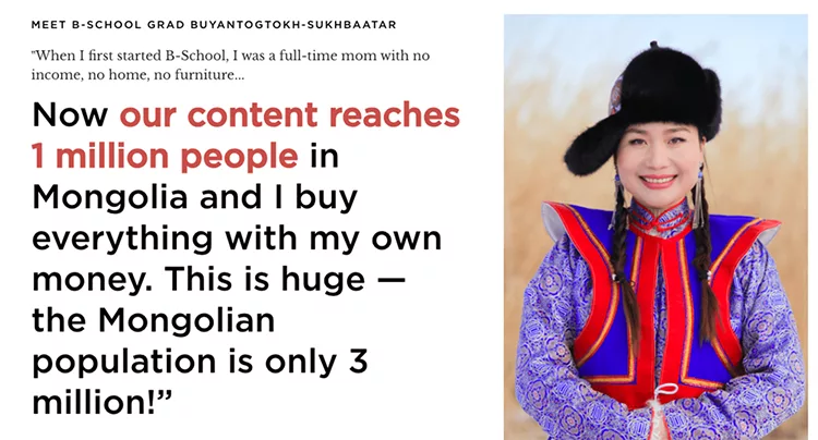 A person in traditional Mongolian attire is featured next to text discussing their content reaching 1 million people in Mongolia, emphasizing the significance given the country's 3 million population.