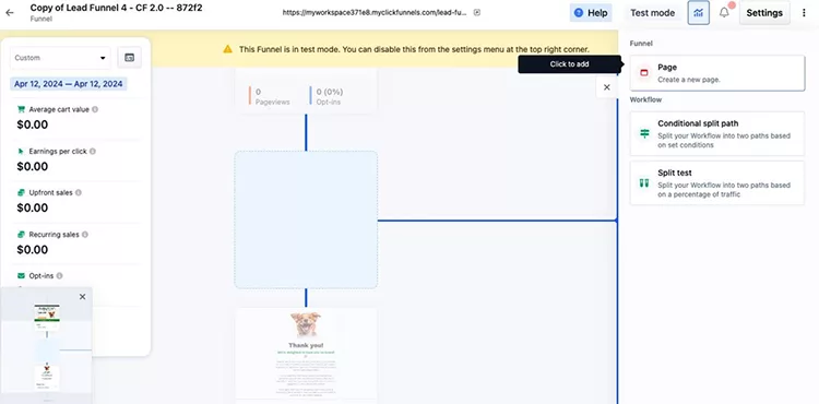 Screenshot of a lead funnel webpage on a computer, displaying sections labeled "This Funnel is in test mode" and a flowchart with various metrics such as "Average cart value," "Revenue," "Potential sales," and "Recurring sales.