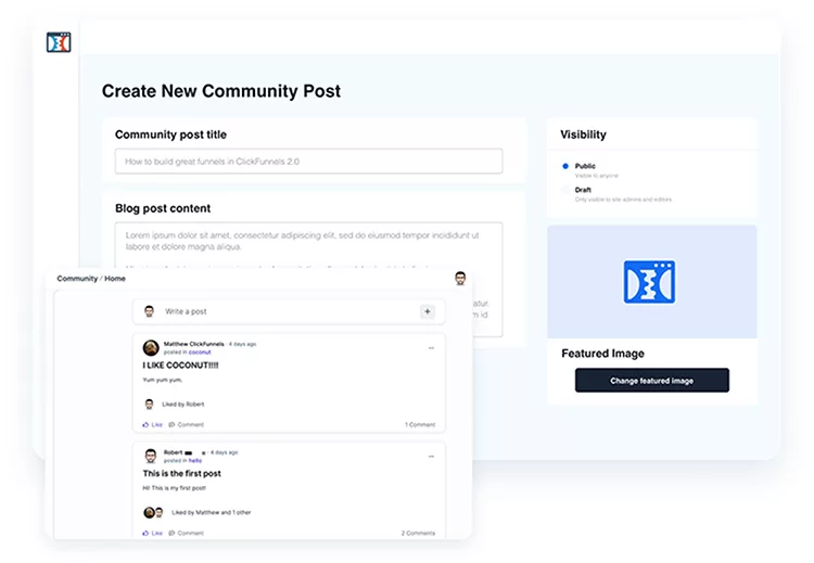 Screenshot of a "Create New Community Post" interface, displaying fields for post title, content, visibility, and a section for recent posts in a community feed.