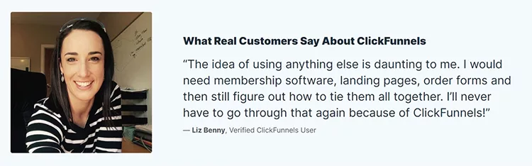 A woman smiles next to a testimonial for ClickFunnels, praising its ease of use compared to other software solutions, as stated by Liz Benny, a verified ClickFunnels user.