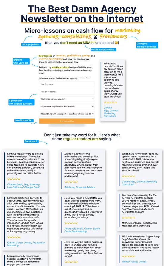 Infographic promoting an agency newsletter on cash flow, featuring testimonials and quotes from satisfied readers describing their positive experiences with the content.