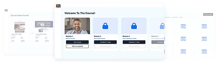 A screenshot of an online course platform shows modules with one completed and two locked. A welcome message and profile picture are at the top.