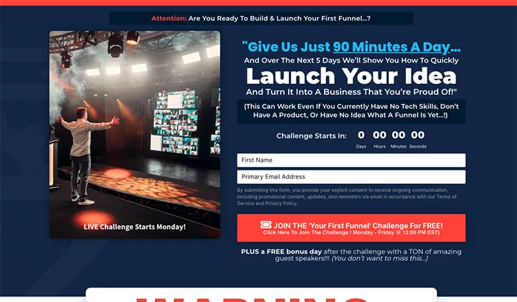 A webpage screenshot promoting a "First Funnel Challenge," featuring a person standing on a stage with spotlights. Includes a countdown timer, a form for name and email, and a join challenge button.