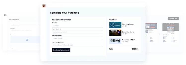 Screenshot of an online checkout page showing contact information fields and a shopping cart with items including "Advertising Course" and "Copywriting Course" alongside a total price of $194.00.