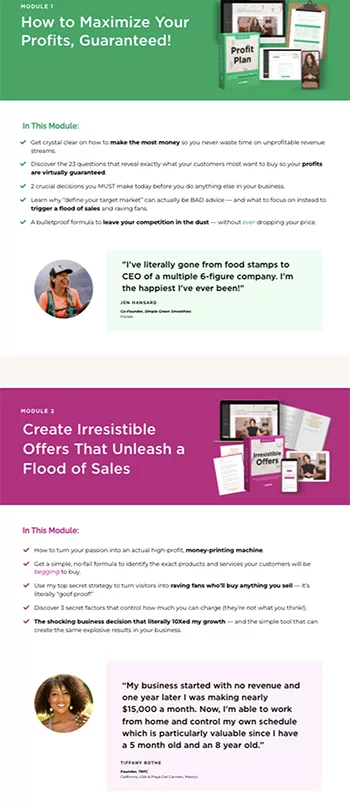 Image shows two marketing modules. Module 1: How to Maximize Your Profits. Module 2: Create Irresistible Offers. Each module details benefits and includes quotes from satisfied users mentoring the program’s success.